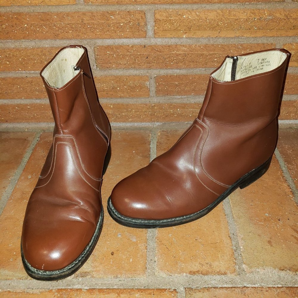Haband Men's Executive Division Brown Leather Side Zipper Boots Black Size 7EEE
